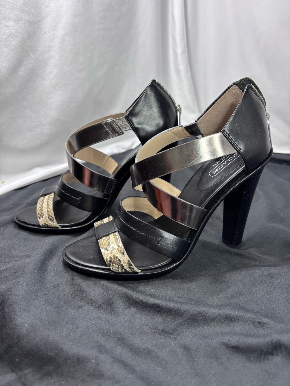 Coach Jody Cage Sandals Black Leather & Snakeskin Print High Heel Sandals Sz 7.5 - Picture 4 of 8